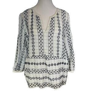 LOFT Embroidered Peplum Top Navy Blue White Size Large
